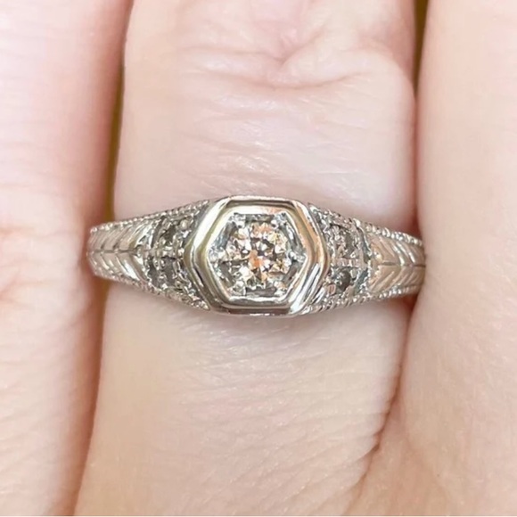 Jewelry - 14K White Gold Art Deco Diamond Engagement Ring, Size 6